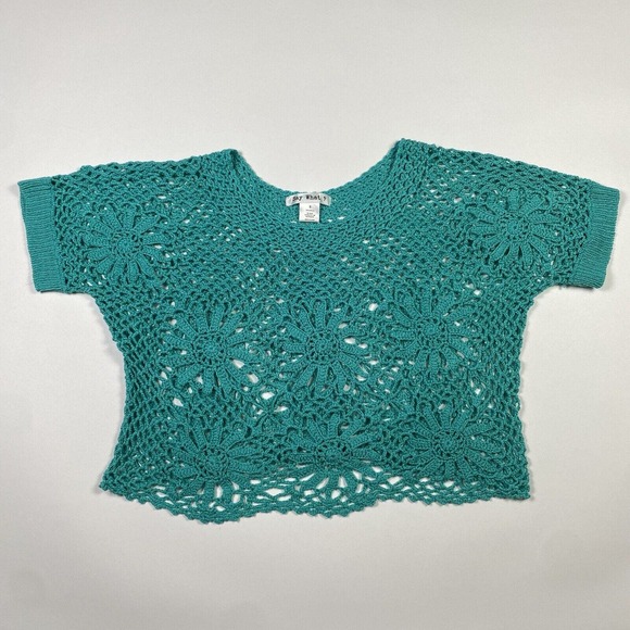 Say What Brand Crop Top Short Sleeve Crochet Sweater Teal Women Size S Pre-Owned - Picture 1 of 6